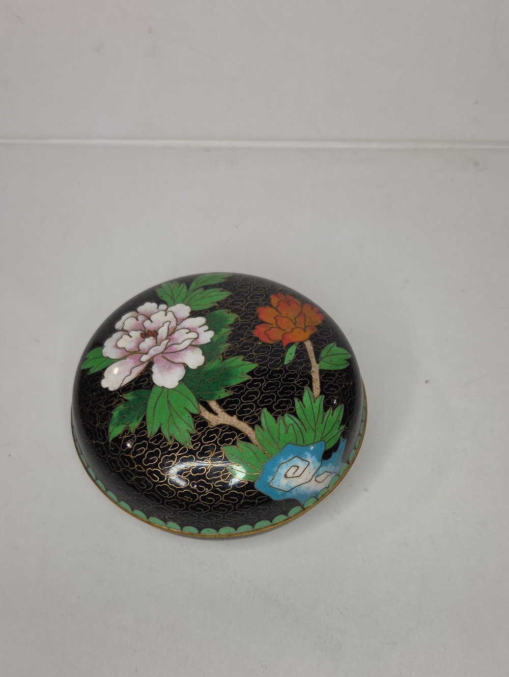 Vintage Chinese Black Floral Cloisonné Trinket Box - Black
